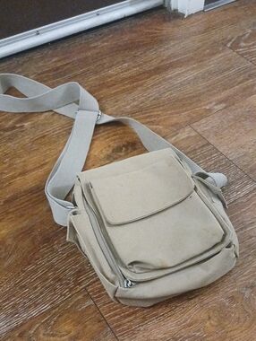 Men's Beige Canvas Crossbody Bag - Compact Everyday Shoulder Bag